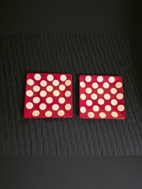 Hand Painted  Clay Art Red Polka Dot Square Salad Plates - Set of 2